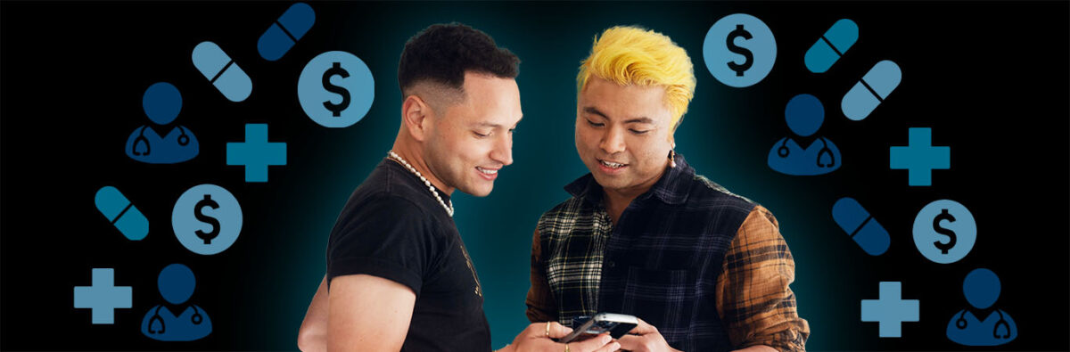 Colombian and vietnamese couple look at phone on black background with blue medical emojis