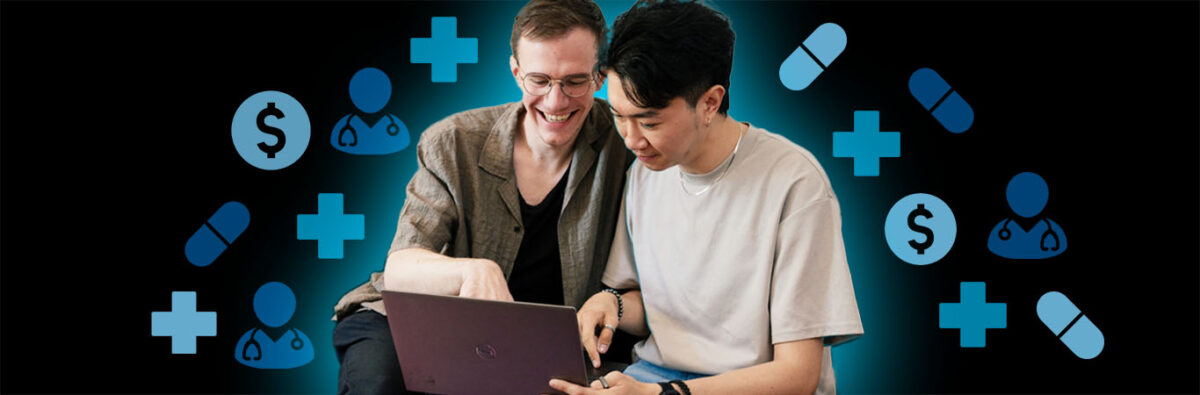 Happy Chinese and French couple looking at a computer together, on black background with blue health icons around