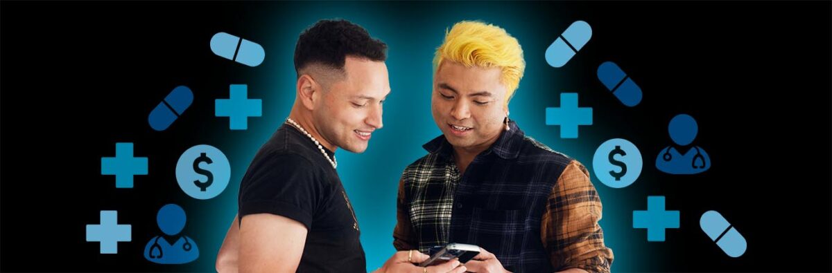 Colombian and Cambodian men look at phone on black background with blue health icons surrounding