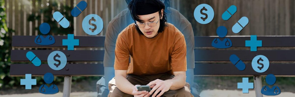 Vietnamese man on park bench on phone, blue health emojis surrounding him