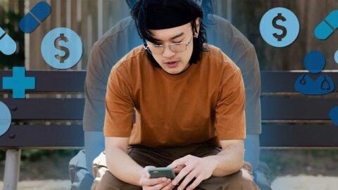 Vietnamese man on park bench on phone, blue health emojis surrounding him