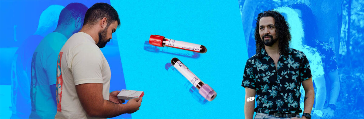 Venezuelan man holding HIV self test, blood viles, and colombian man with bandaid