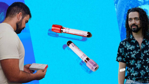 Venezuelan man holding HIV self test, blood viles, and colombian man with bandaid