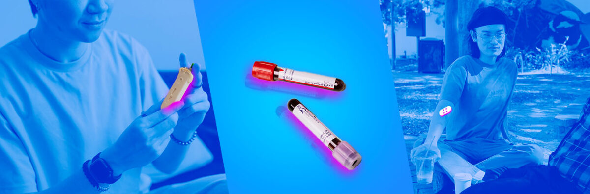 Blue collage of HIV test kit, blood vials and Vietnamese man in park with bandaid on elbow