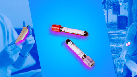 Blue collage of HIV test kit, blood vials and Vietnamese man in park with bandaid on elbow
