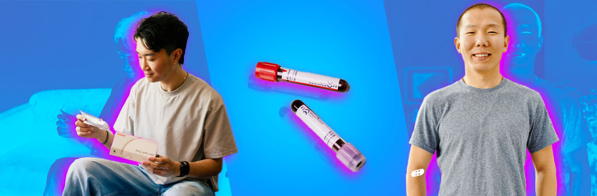 Blue collage of Chinese men taking HIV test and blood vial
