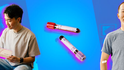 Blue collage of Chinese men taking HIV test and blood vial