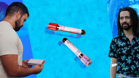Blue collage of latino men holding HIV test kit and bandaid, blood test tubes in middle