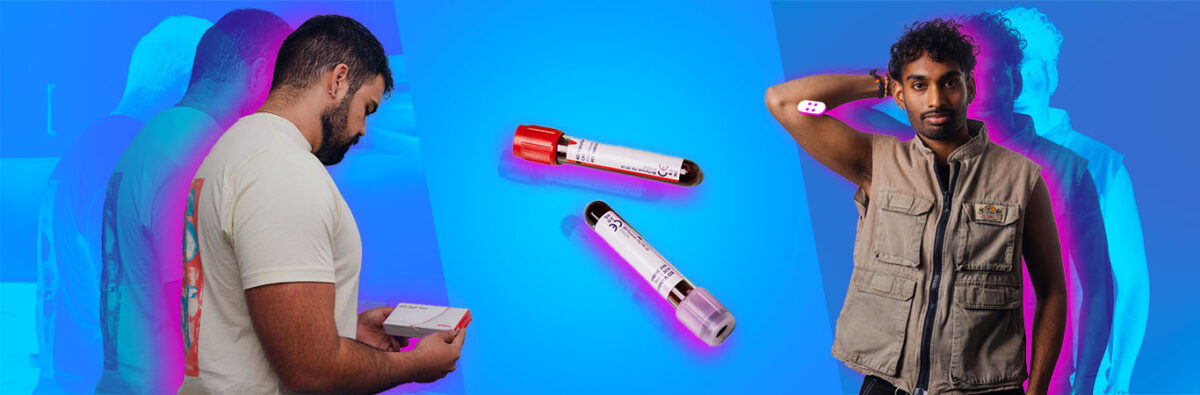 Latino man holding HIV test kit, blood vials and sri lankan man with bandaid on blue collage