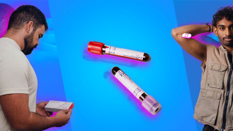 Latino man holding HIV test kit, blood vials and sri lankan man with bandaid on blue collage