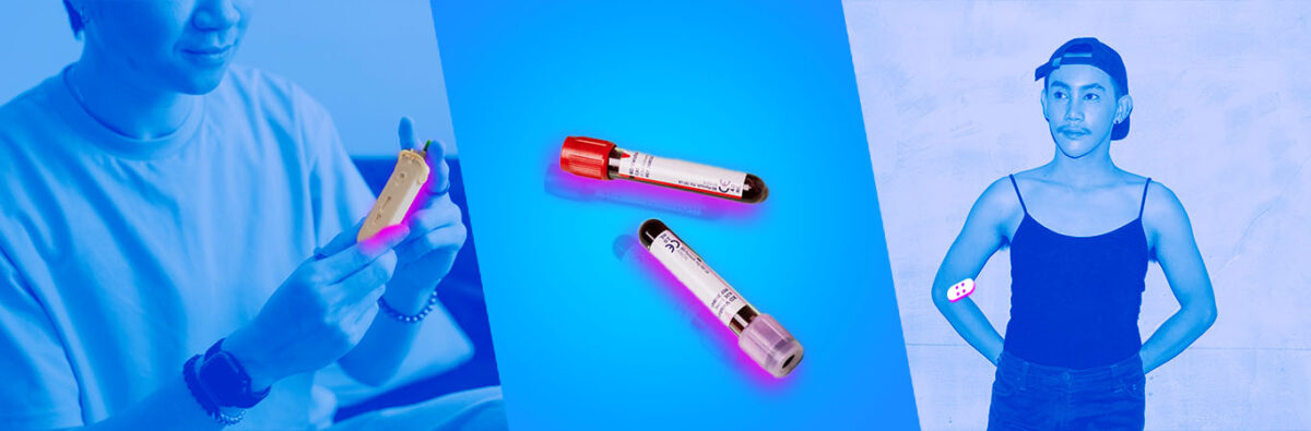 Blue collage of thai men getting HIV tests and blood vial