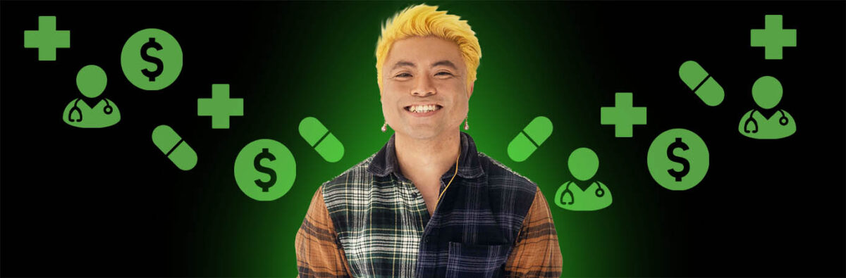 Cambodian Vietnamese man with ywllow hair smiling on black background with green health icons