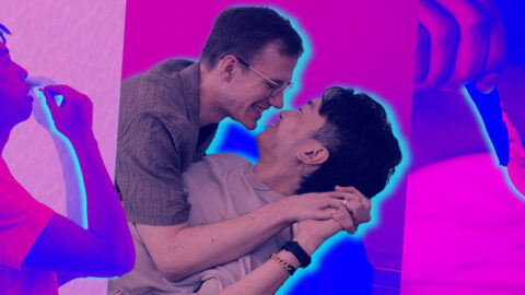 Pink collage of Chinese men and couple taking PrEP and opening a condom