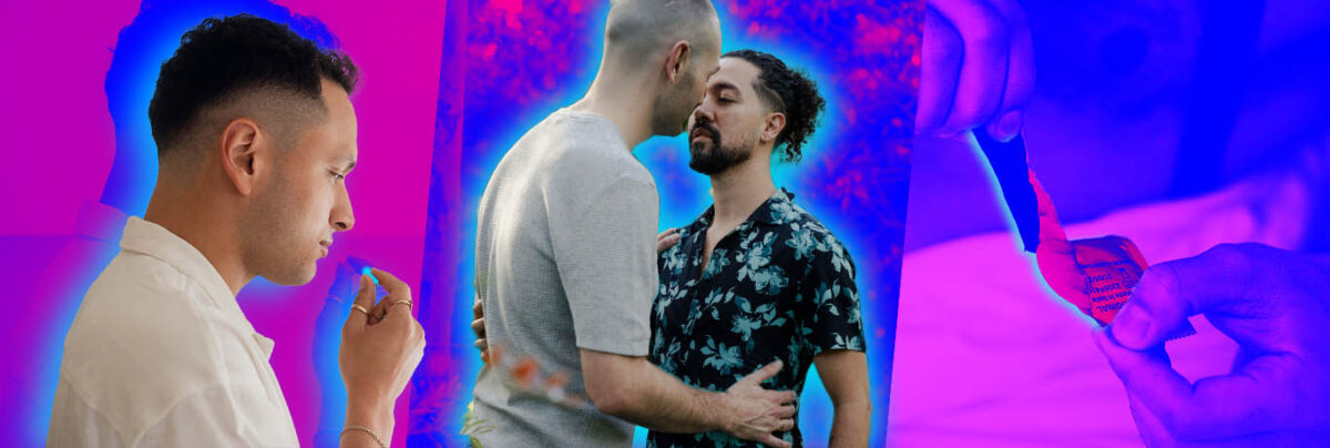 Colombian guy taking prep, couple kissing and hand opening condom in pink collage