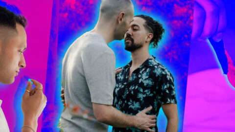 Colombian guy taking prep, couple kissing and hand opening condom in pink collage