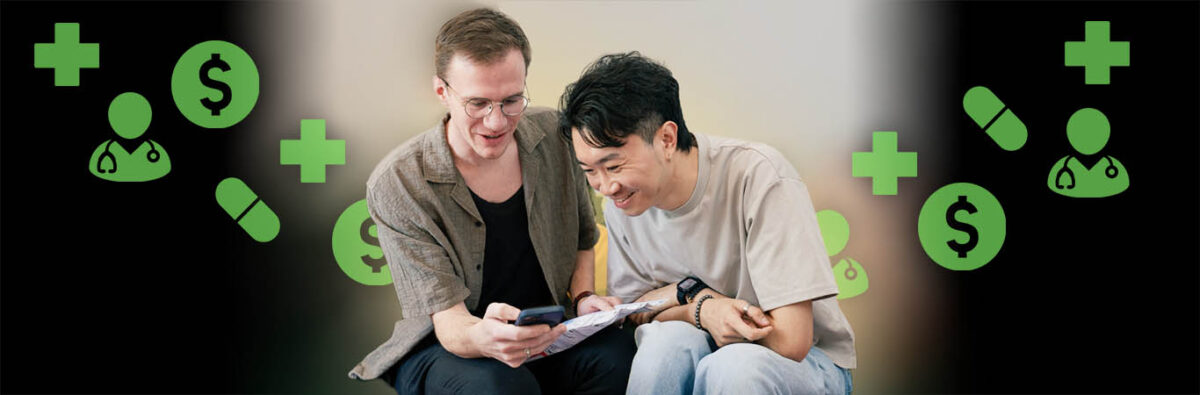 Happy couple look at phone together, green health icons in background