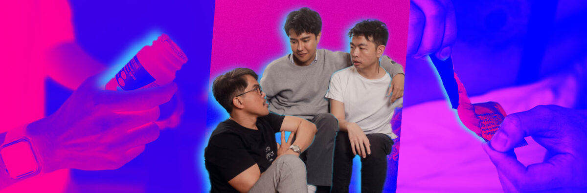 Pink colage of three Asian guys, PrEP bottle and condoms