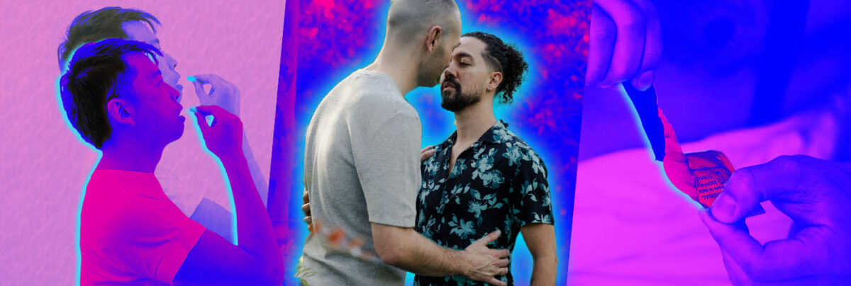 pink collage of chinese guy taking prep, latino couple kissing and man opening condom