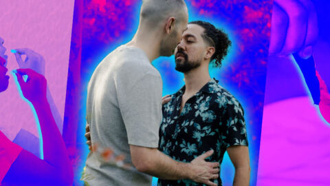 pink collage of chinese guy taking prep, latino couple kissing and man opening condom