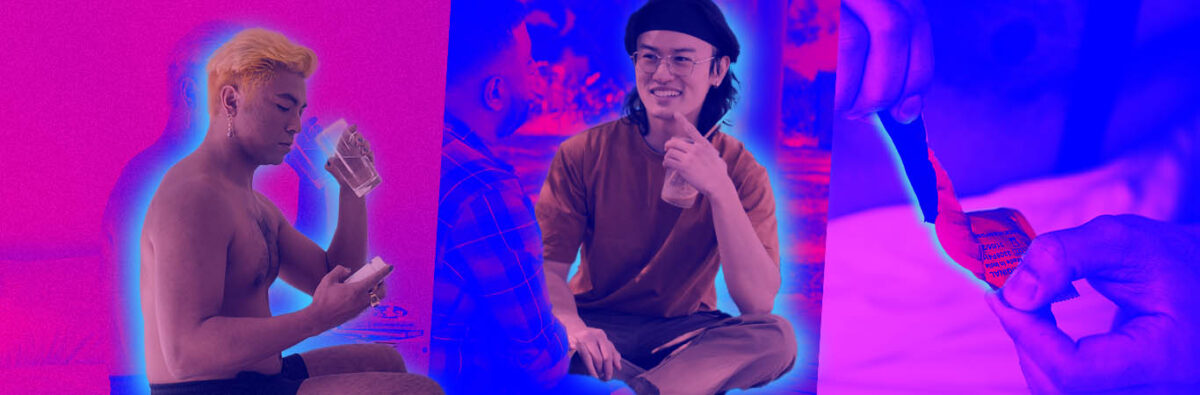 Pink collage of Vietnamese men taking PrEP, talking to friend and opening condom