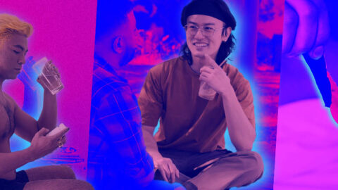 Pink collage of Vietnamese men taking PrEP, talking to friend and opening condom