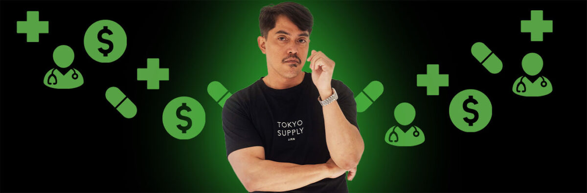 South-East Asian man on black background with green health icons