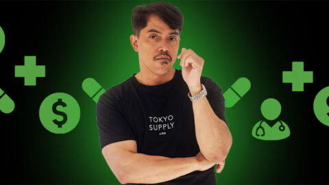 South-East Asian man on black background with green health icons