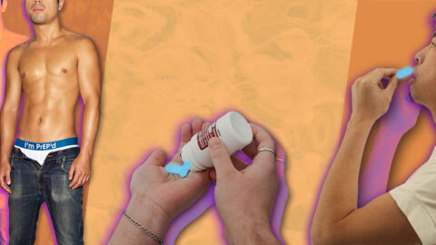 Orange collage of man wearing underwear, man holding PrEP bottle and chinese man taking PrEP piill