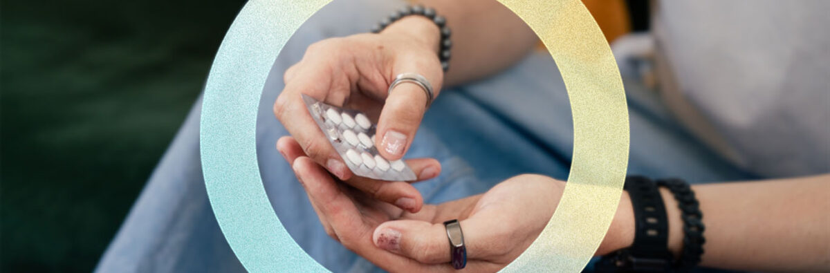 Man with nailpolish holding doxy-PEP pills, yellow and blue circle element around