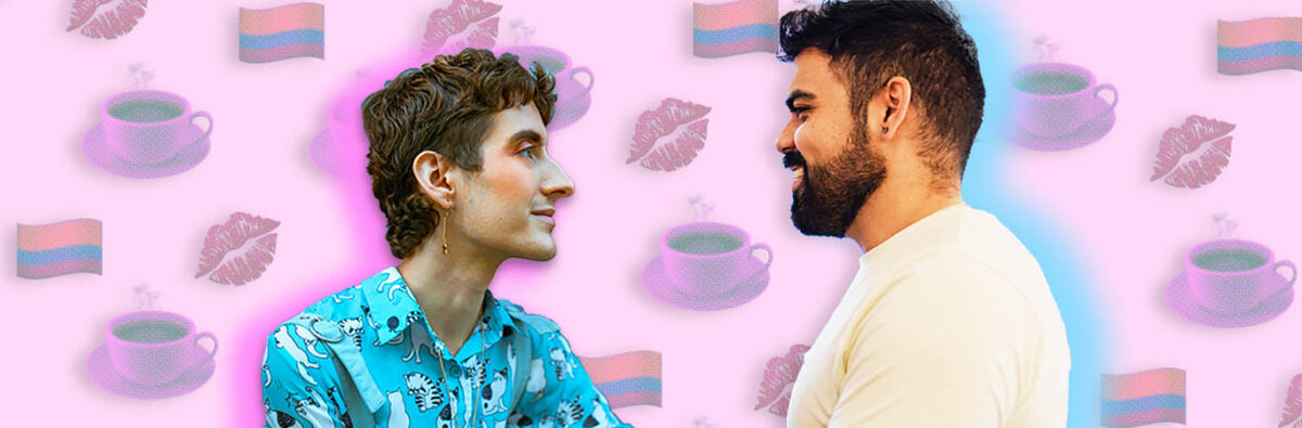 Collage of non-binary person and Colombian man on pink background with coffee and kiss emojis