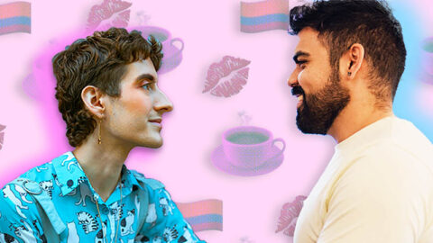 Collage of non-binary person and Colombian man on pink background with coffee and kiss emojis