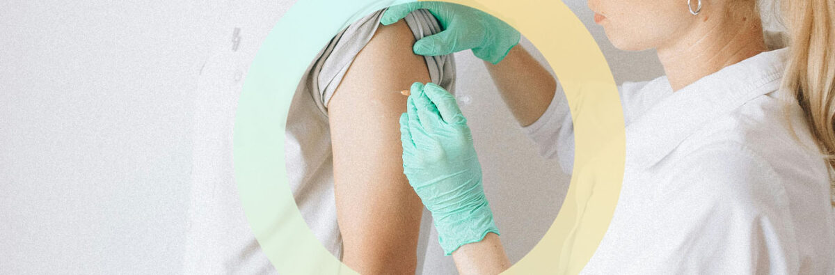 Female doctor giving male patient an injection. Blue and yellow circle graphic