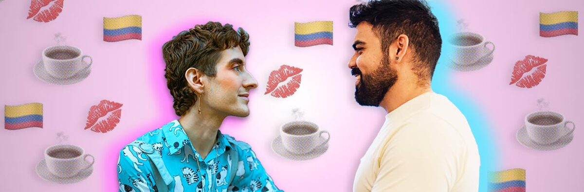 Latino man and nonbinary wihte person looking at eachother on pink, emoji background